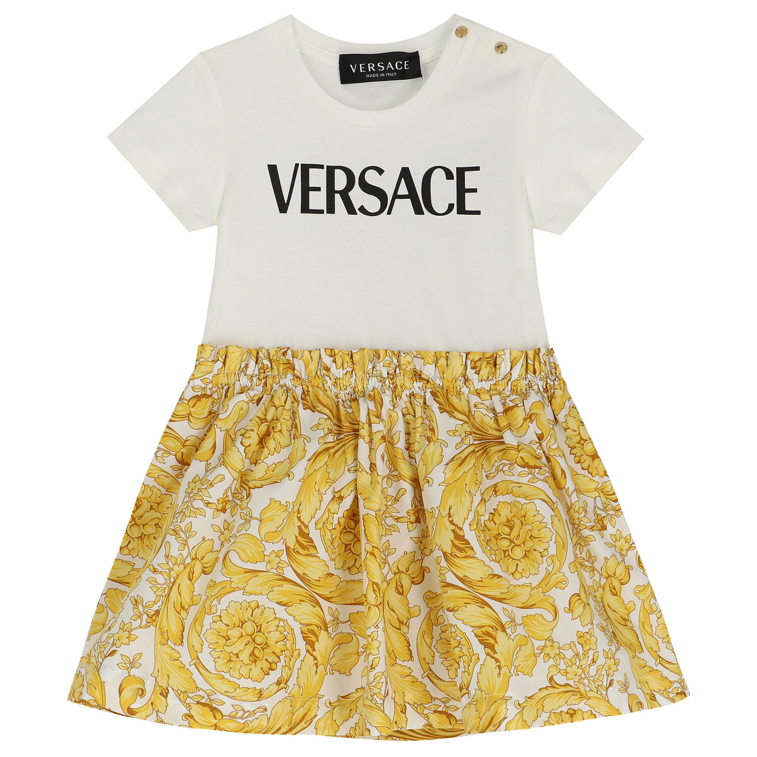 Younger Girls Ivory & Gold Barocco Logo Dress, 1, hi-res