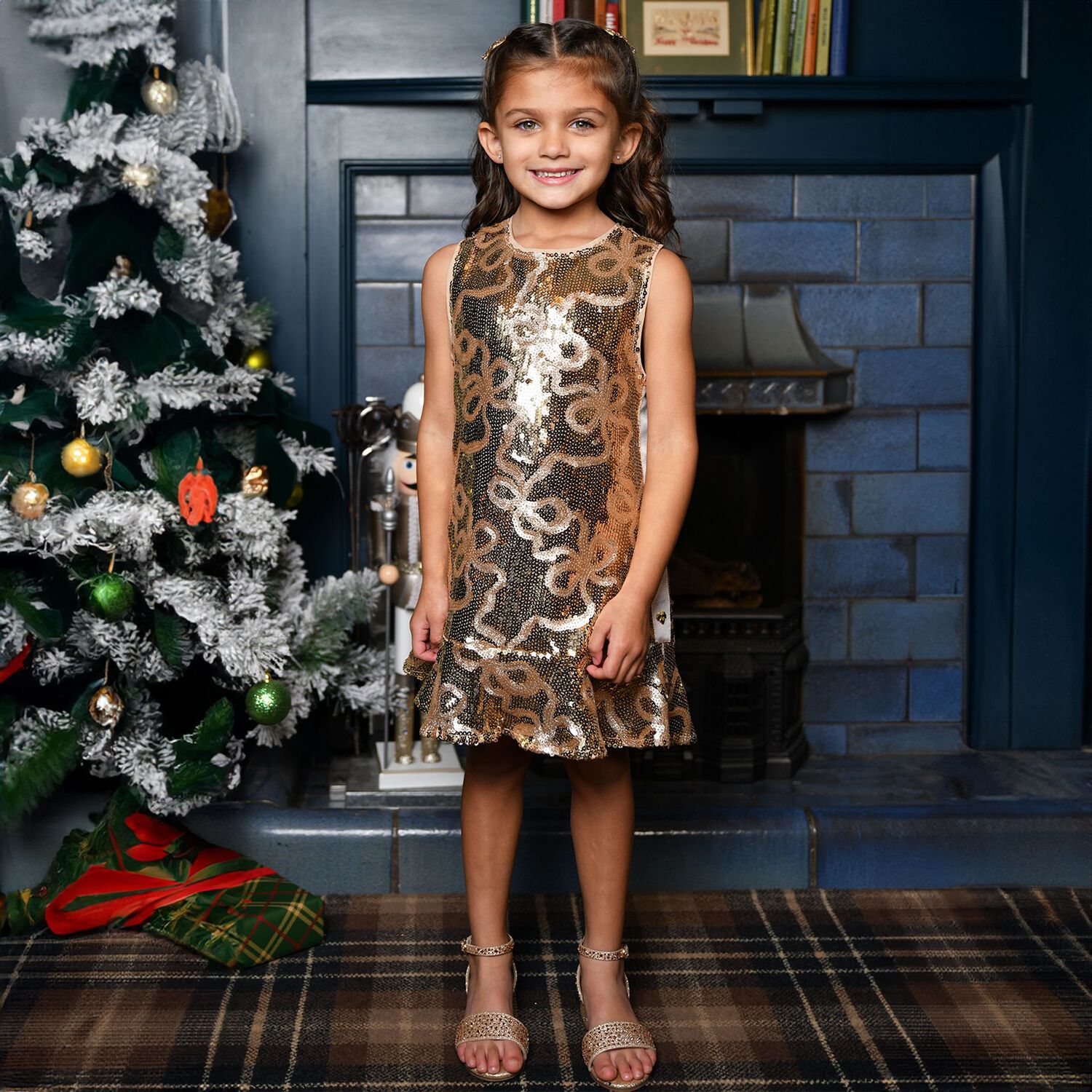 Girls Gold Sequin Bow Bonita Dress, 1, hi-res
