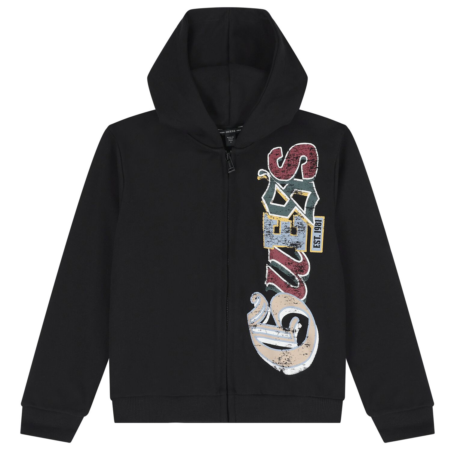 Boys Black Logo Hooded Zip Up Top, 1, hi-res