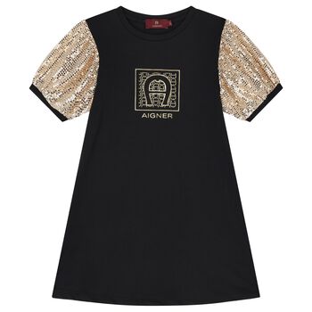 Aigner Girls Black & Gold Logo Dress, 1 Girls Black & Gold Logo Dress