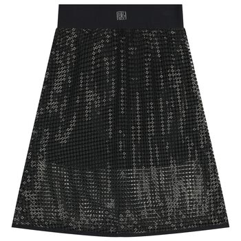 Girls Black Logo Sequin Mesh Midi Skirt