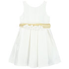 Girls White & Gold Flower Satin Dress, 1, hi-res