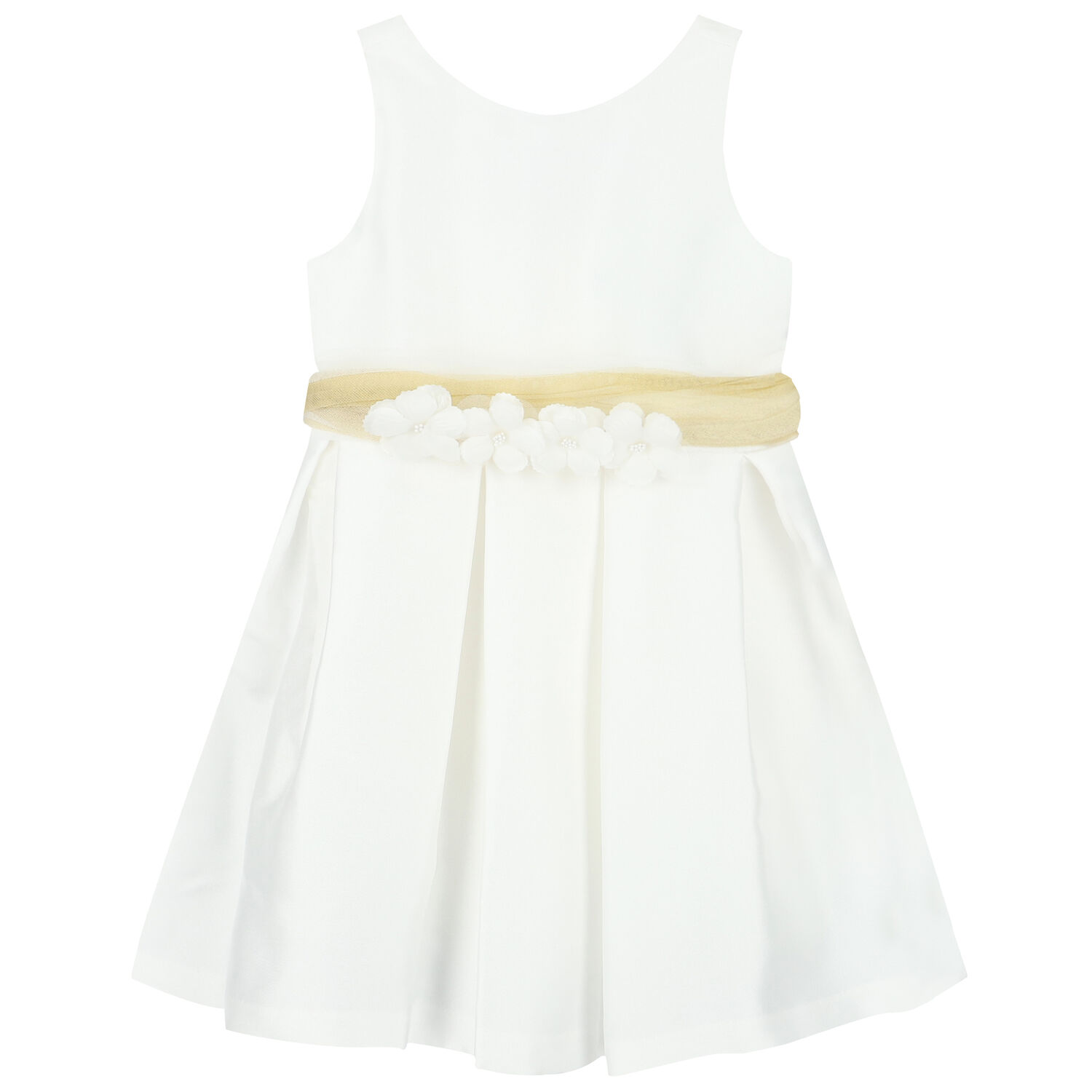 Girls White & Gold Flower Satin Dress, 1, hi-res