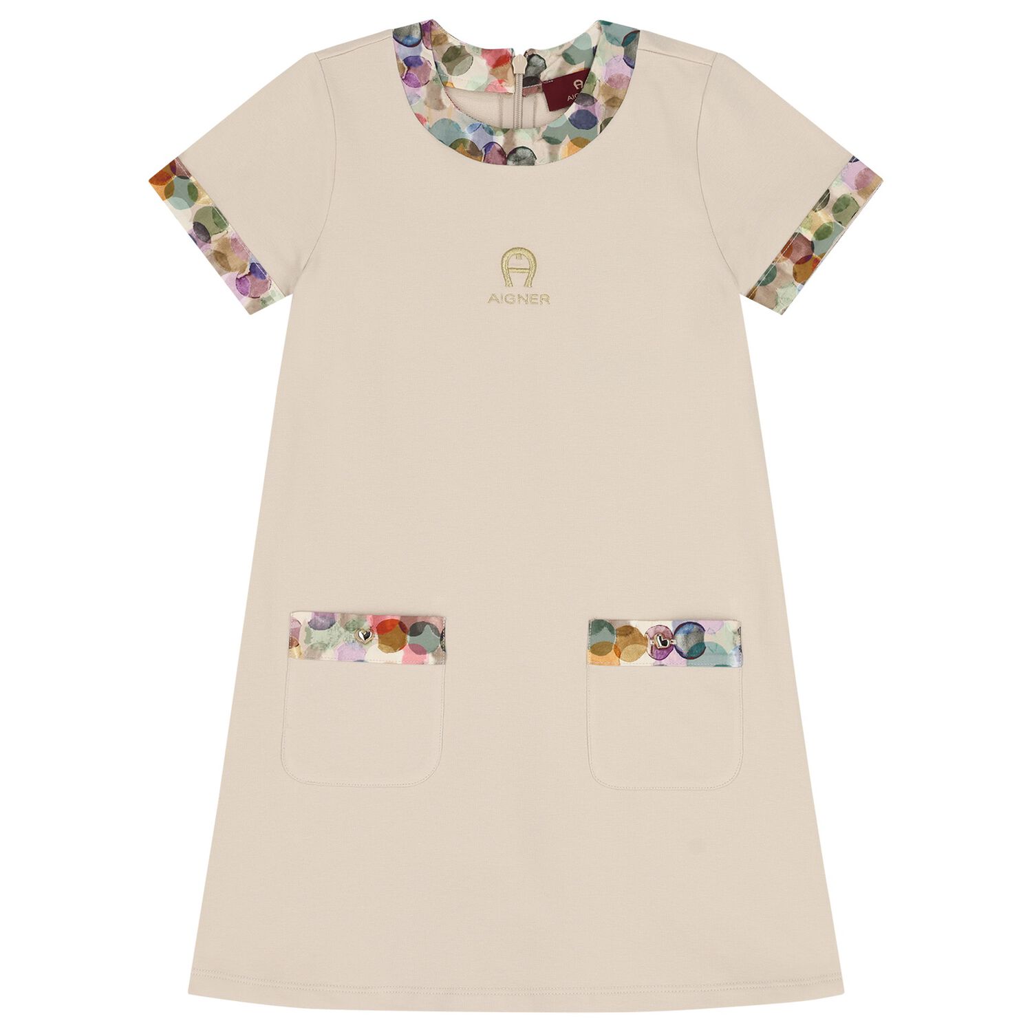 Girls Beige Logo Dress, 1, hi-res