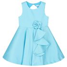 Girls Blue Flower Satin Dress, 1, hi-res