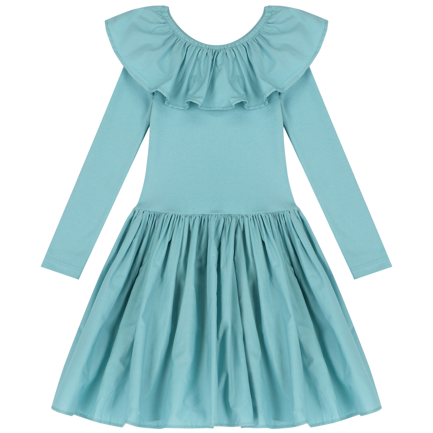 Girls Turquoise Ruffled Long Sleeve Dress, 2, hi-res