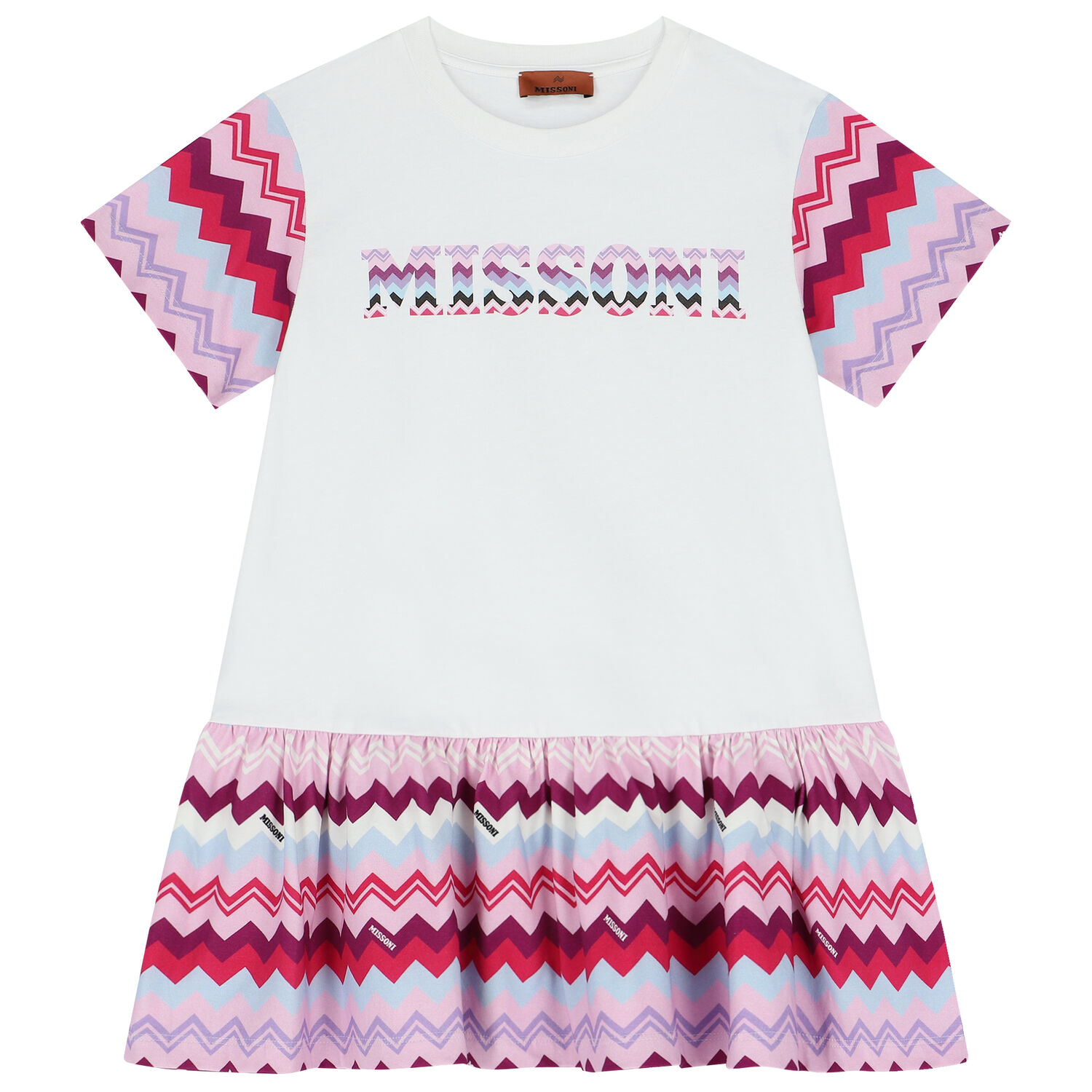 Girls White & Purple & Pink Logo Zigzag Dress, 2, hi-res