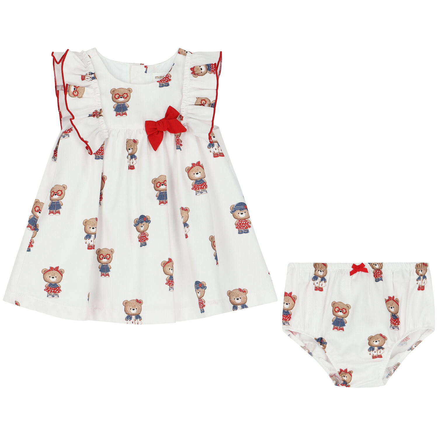 Baby Girls White Teddy Bear Dress Set, 1, hi-res