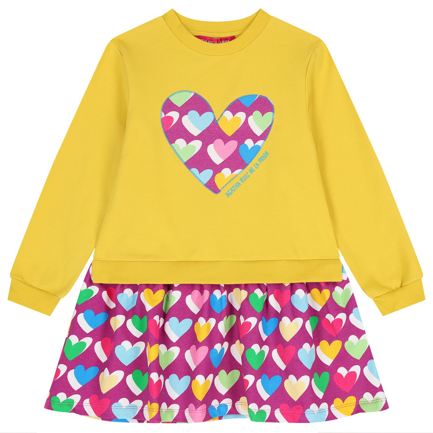 Girls Yellow & Pink Logo Heart Dress, 1, hi-res