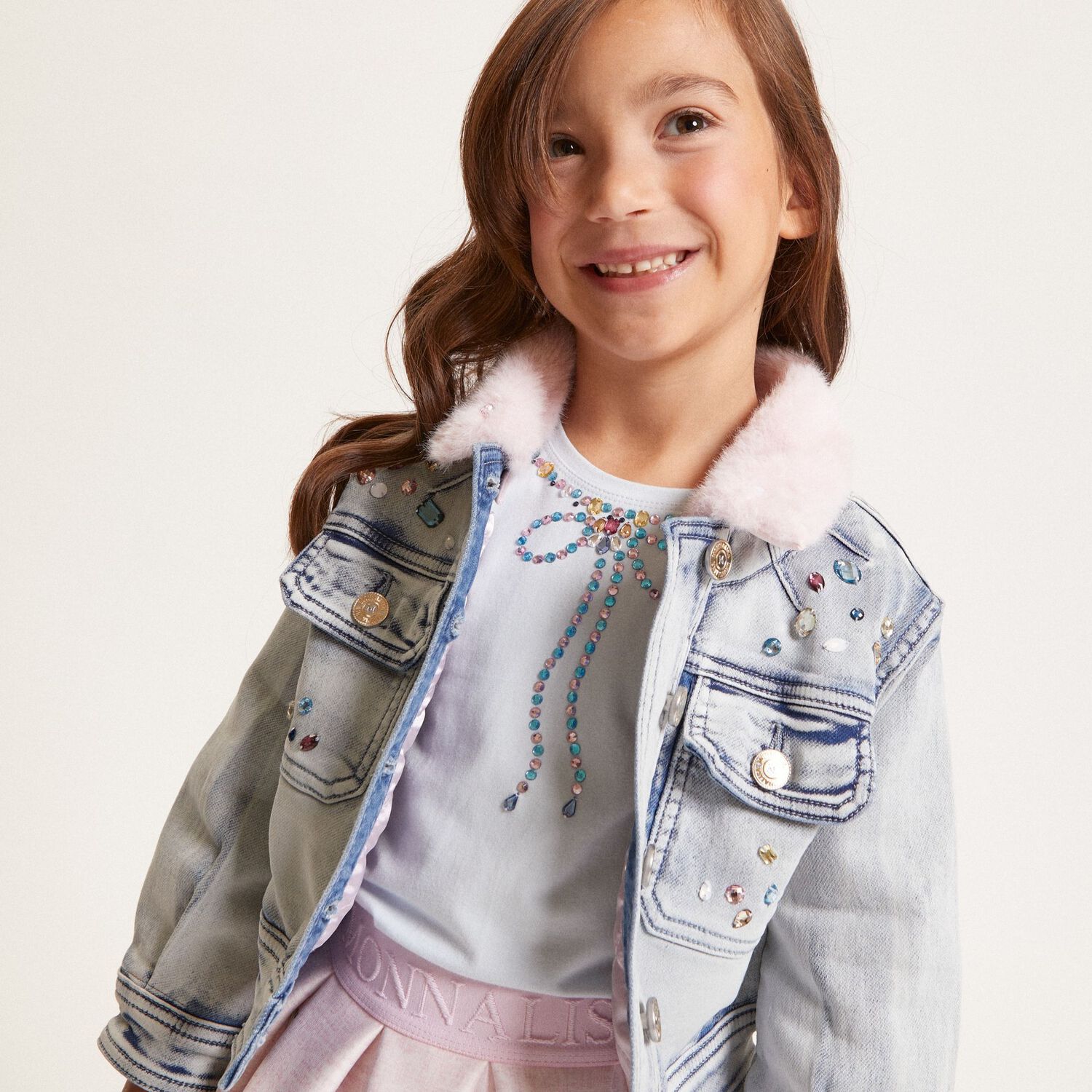 Girls Ivory, Pink & Blue Jewel Skirt Set, 1, hi-res