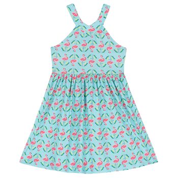 Girls Aqua Flamingo Print Criss Cross Dress