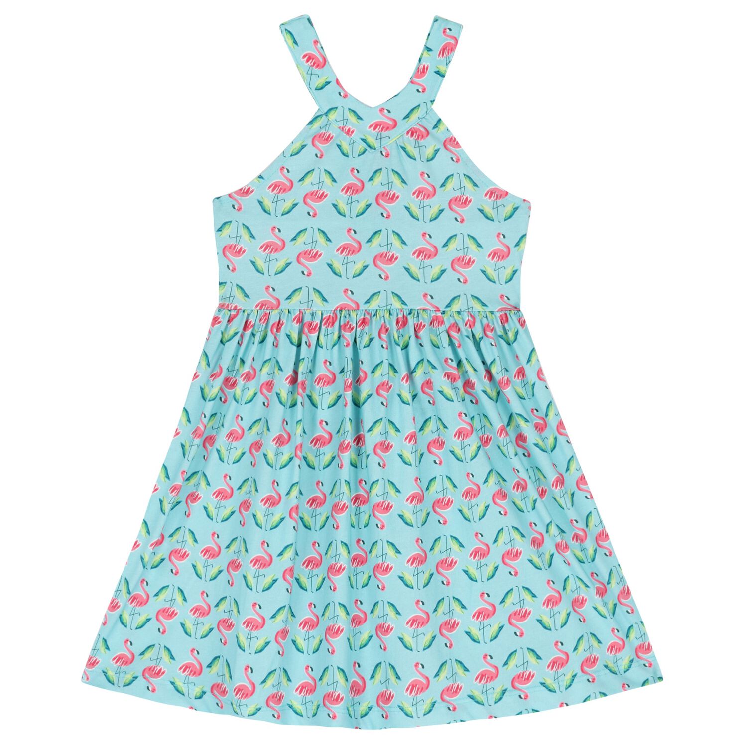 Girls Aqua Flamingo Print Criss Cross Dress, 2, hi-res image number null