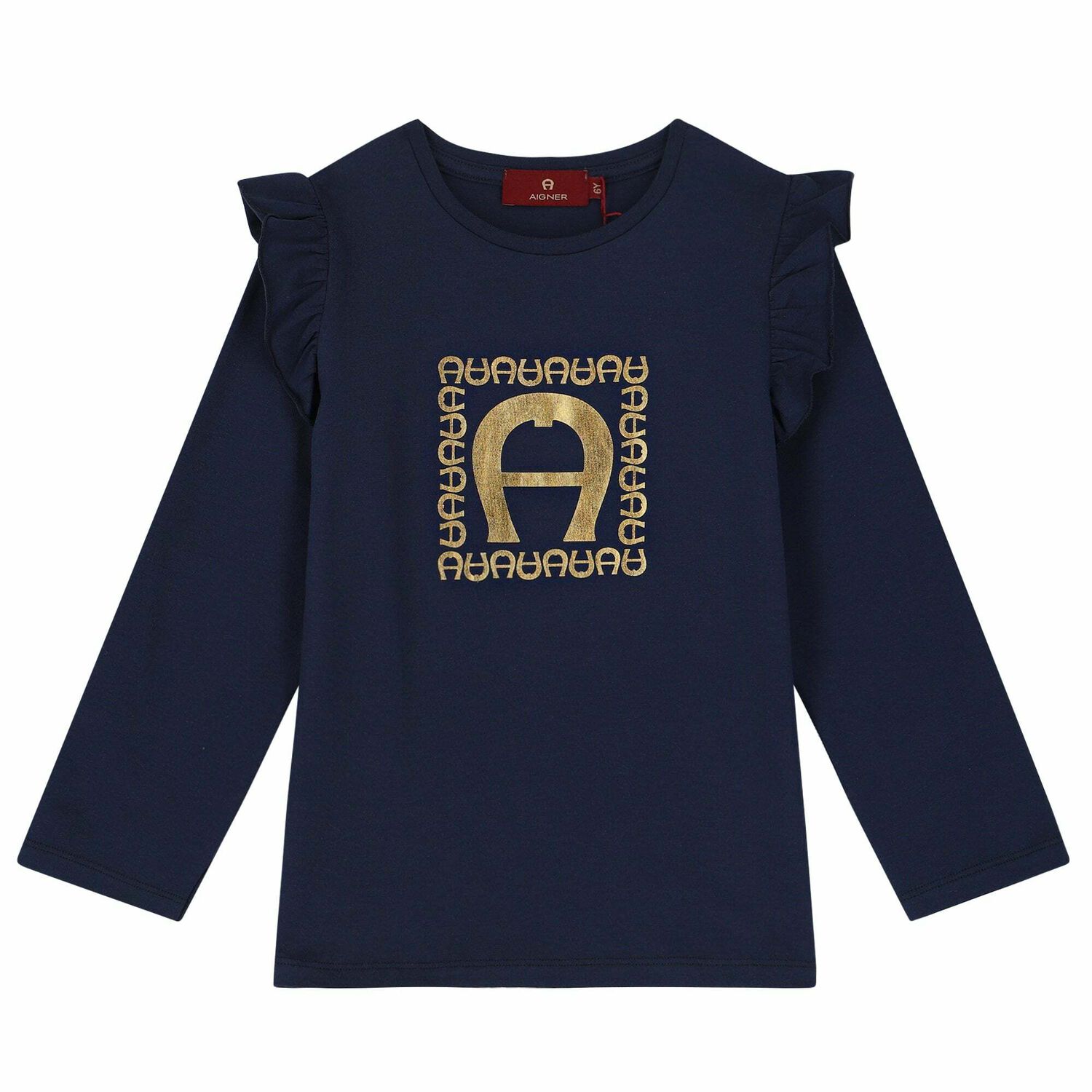 Girls Navy Logo Long Sleeve Top, 1, hi-res