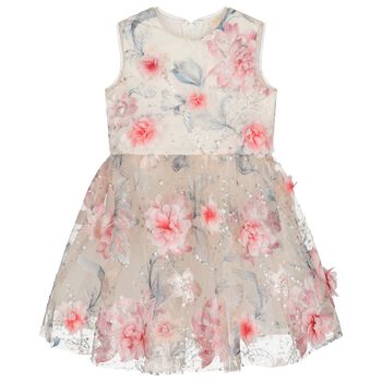Girls Beige & Pink 3D Floral Tulle Dress