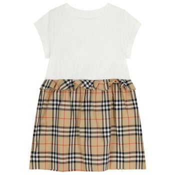 Girls White & Beige Check Ruffled Dress