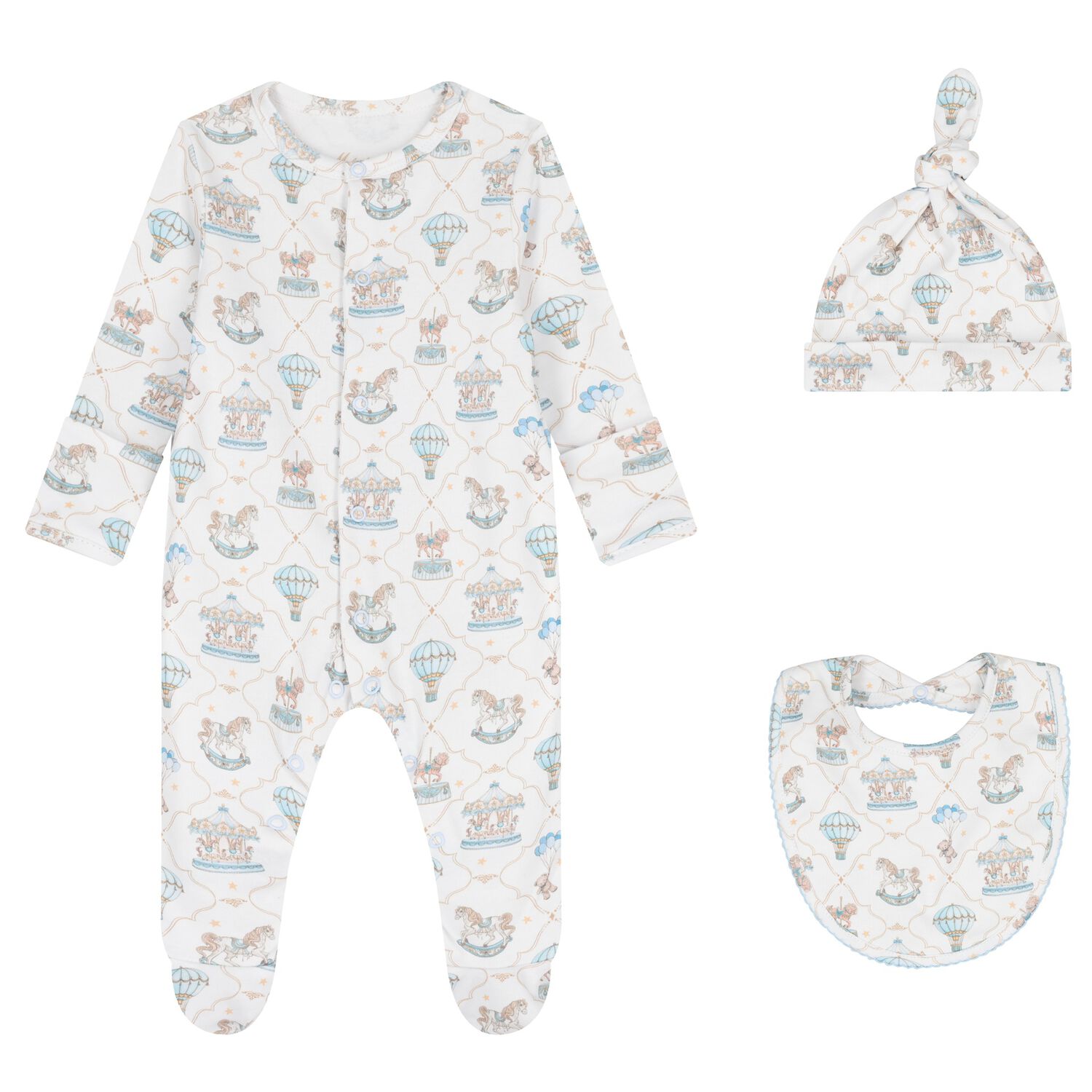 Baby Boys Blue & White Carousel & Hot Air Balloon Babygrow Set, 1, hi-res