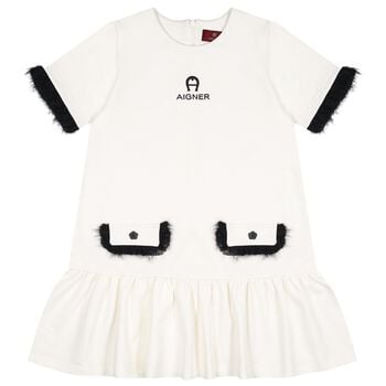 Girls Ivory & Black Logo Dress