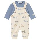 Baby Boys Blue & Beige Animals Dungaree Set, 2, hi-res