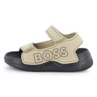 Boys Beige & Black Logo Sandals, 2, hi-res