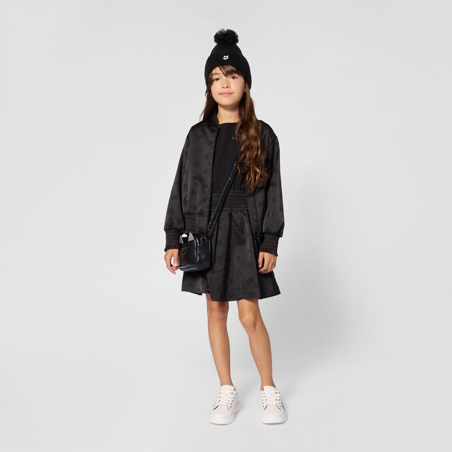 Mini Me Girls Black Logo Rhinestone Dress, 1, hi-res