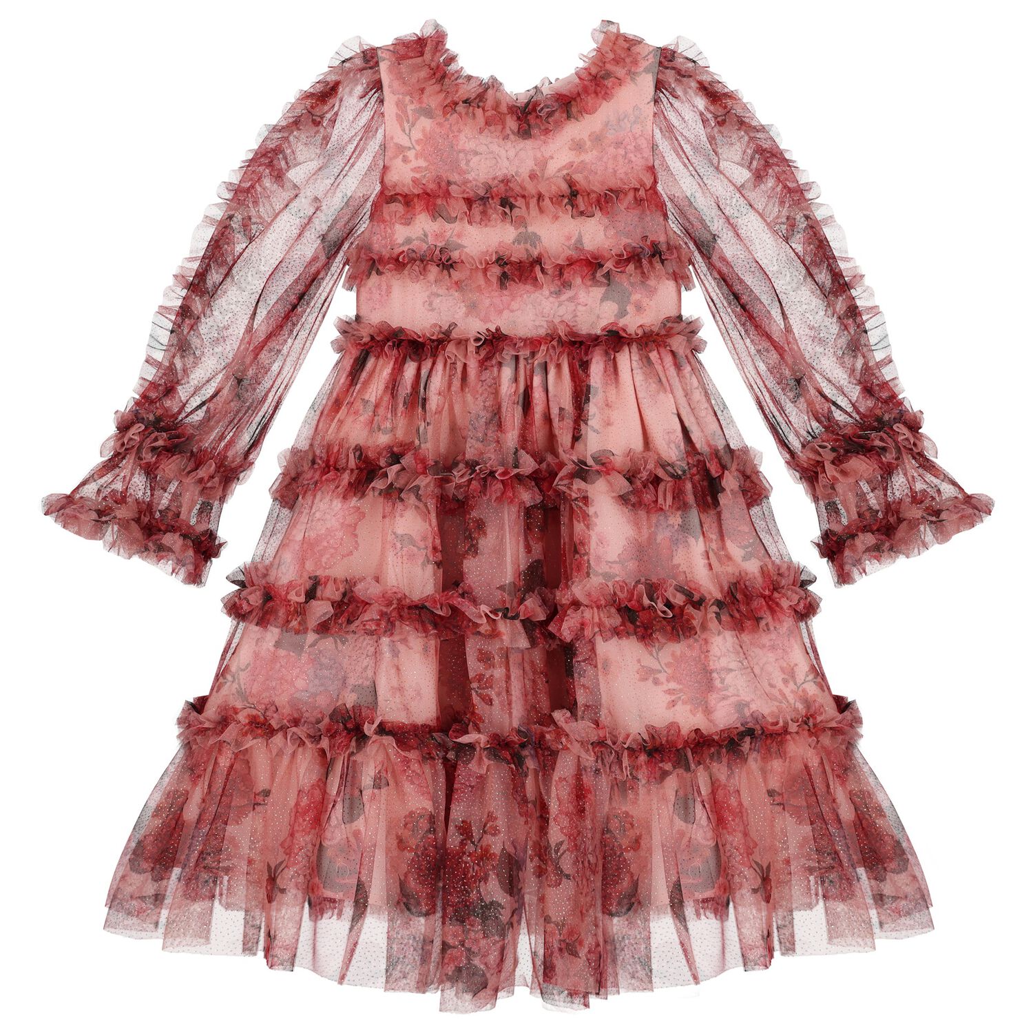 Girls Pink Floral Ruffle Tulle Dress, 1, hi-res image number null