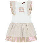 Girls White & Gold Logo Dress, 1, hi-res
