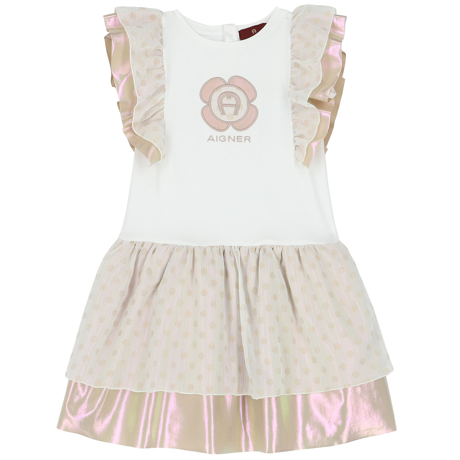 Girls White & Gold Logo Dress, 1, hi-res