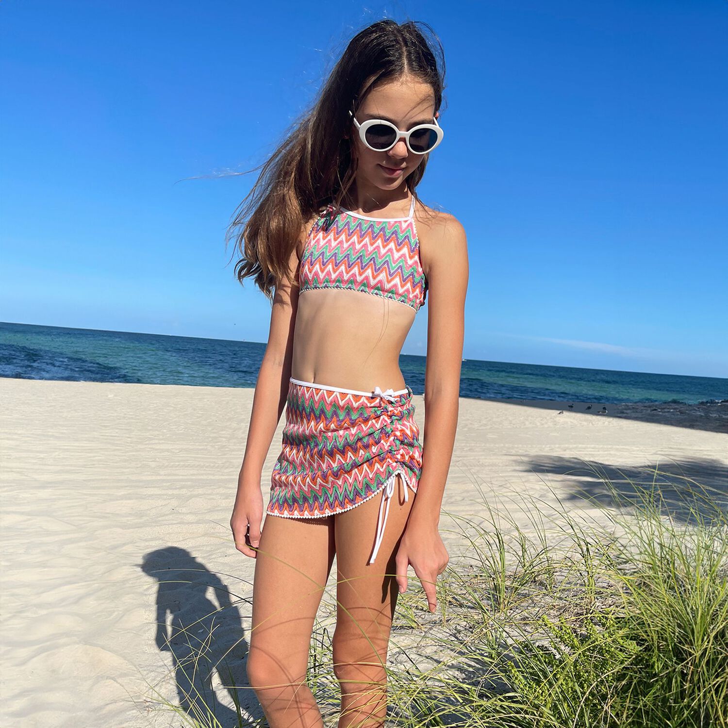 Girls Multi-Coloured Zig-Zag Crochet Skirt, 1, hi-res