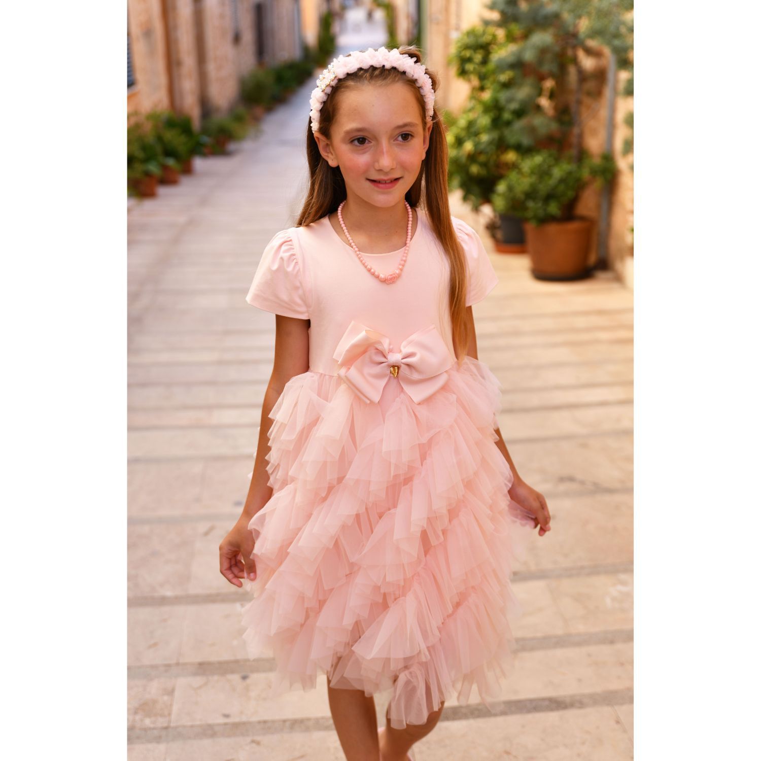 Girls Pink Bow Tulle Dress, 1, hi-res