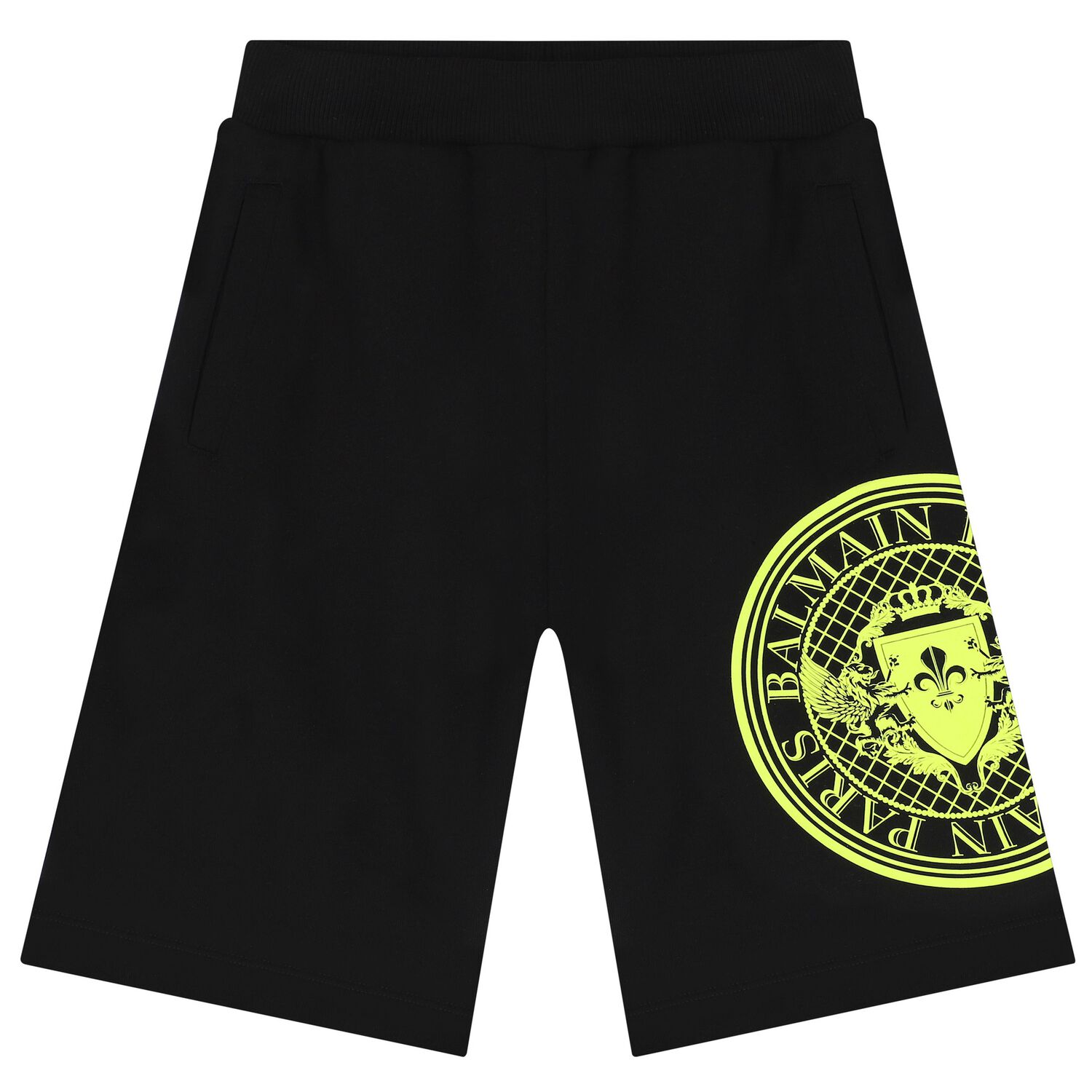 Black & Neon Yellow Medallion Logo Shorts, 1, hi-res