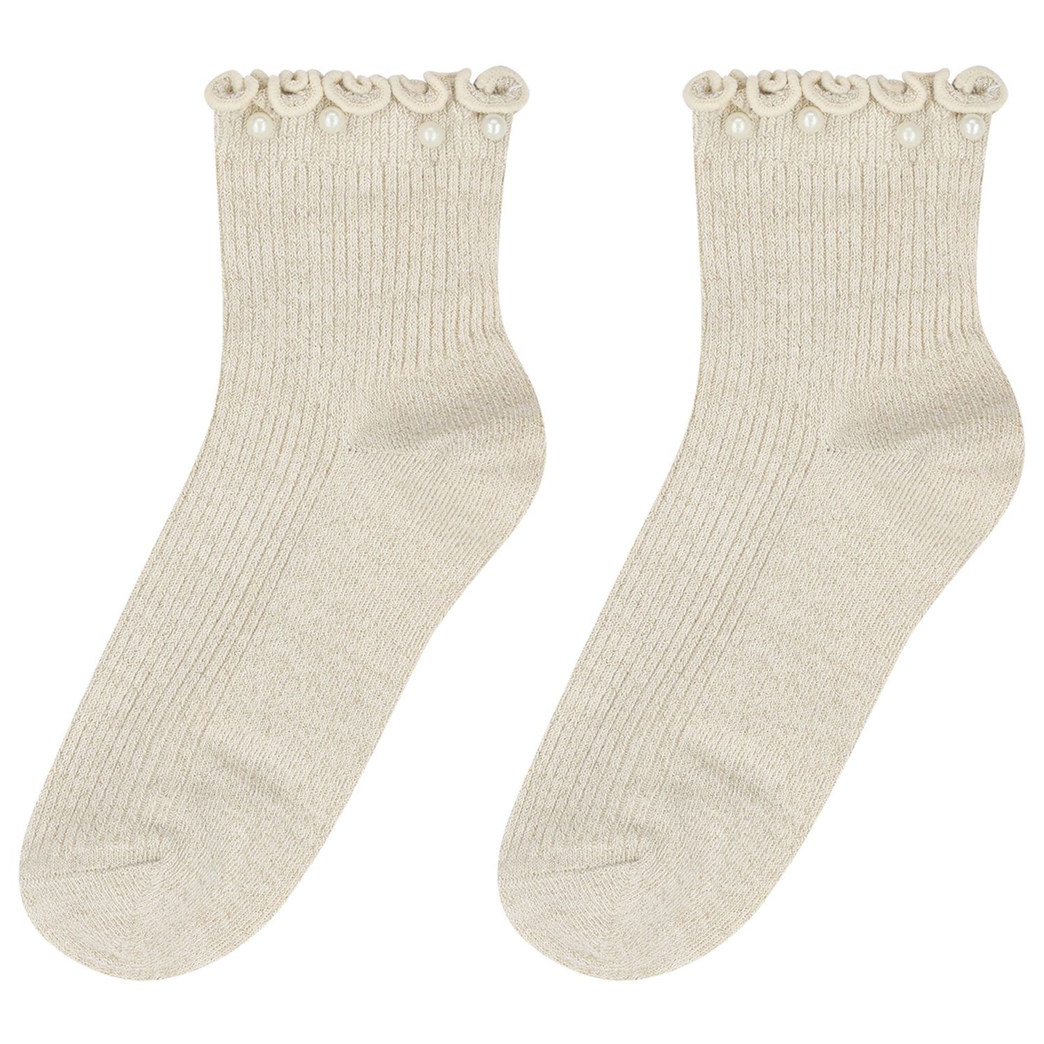 Girls White & Beige Bow & Pearl Socks ( 2-Pack ) , 2, hi-res