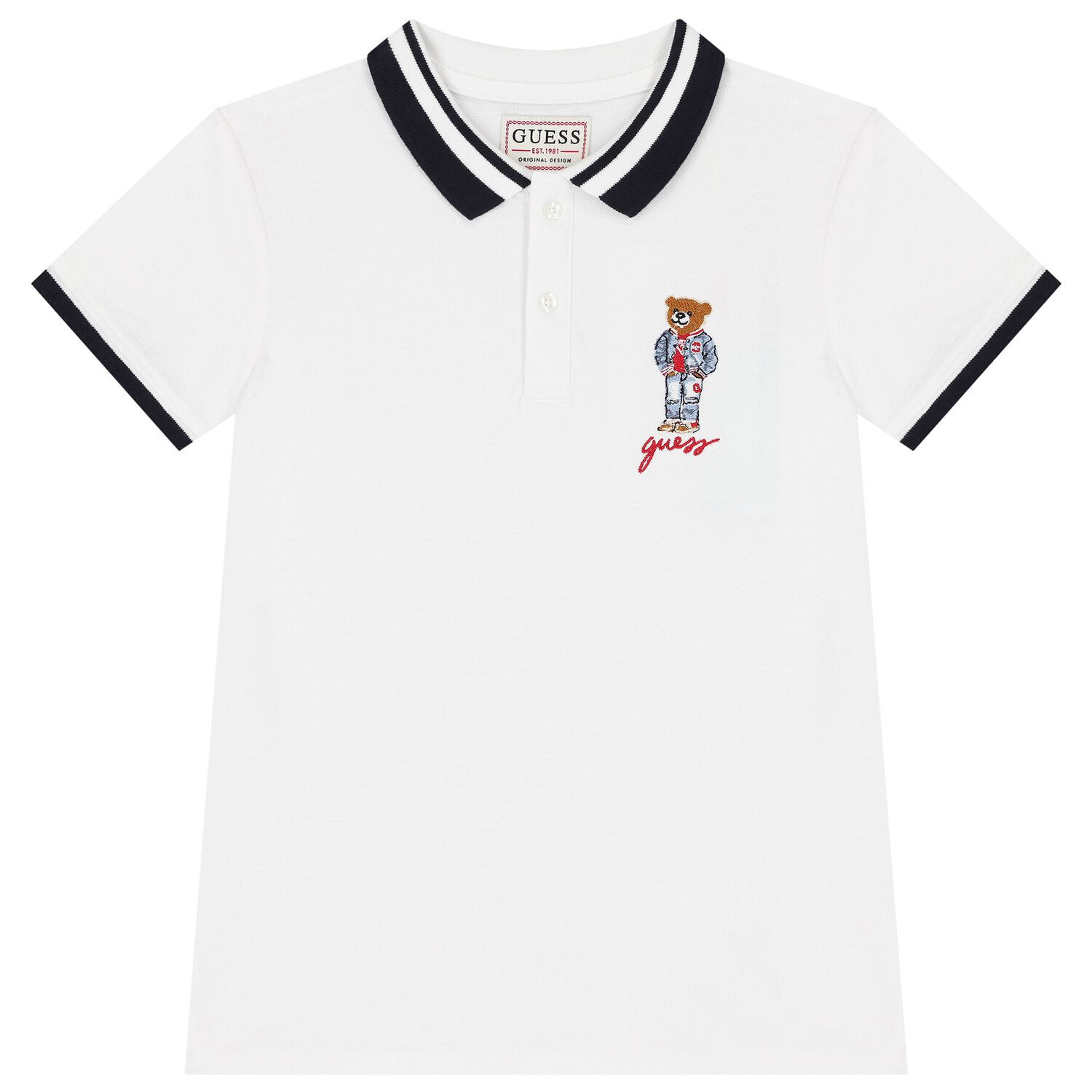 Boys White Teddy Bear Polo Shirt, 1, hi-res