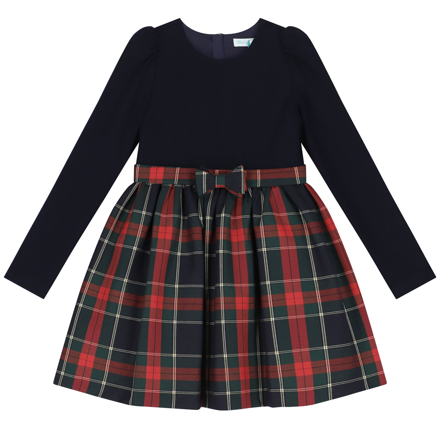 Girls Navy Blue & Red Tartan Dress, 1, hi-res