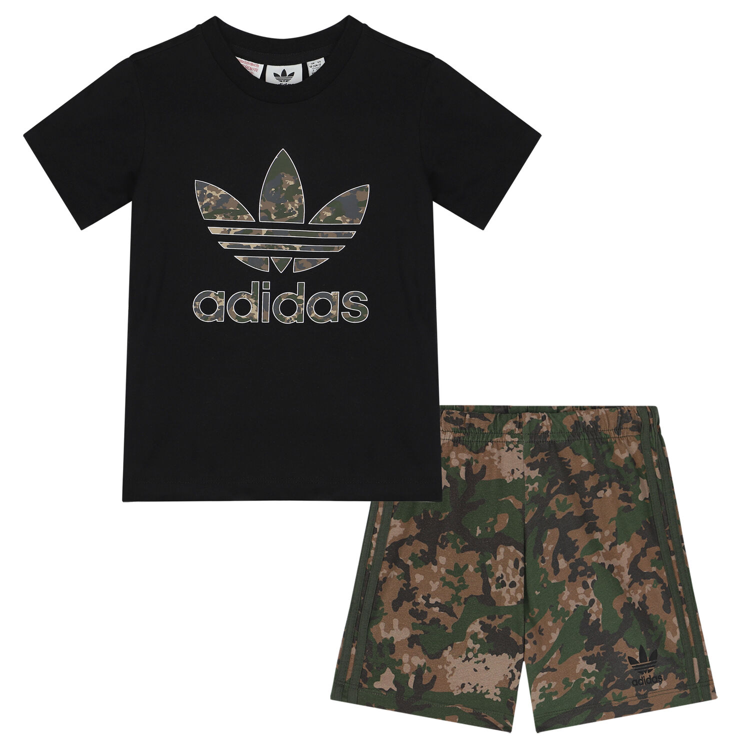 Black & Green Trefoil Logo Camouflage Shorts Set, 1, hi-res image number null