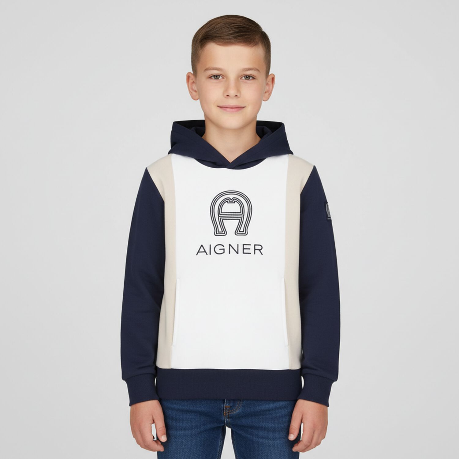 Boys Navy Blue & White Logo Hooded Top, 1, hi-res