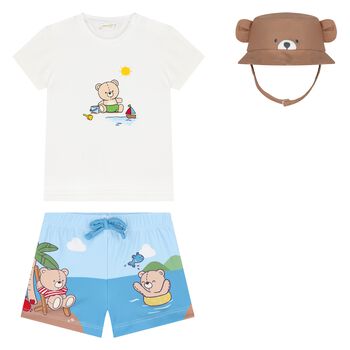 Baby Boys White, Blue & Brown Bear Swim Set