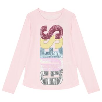 Girls Pink Embellished Logo Long Sleeve Top