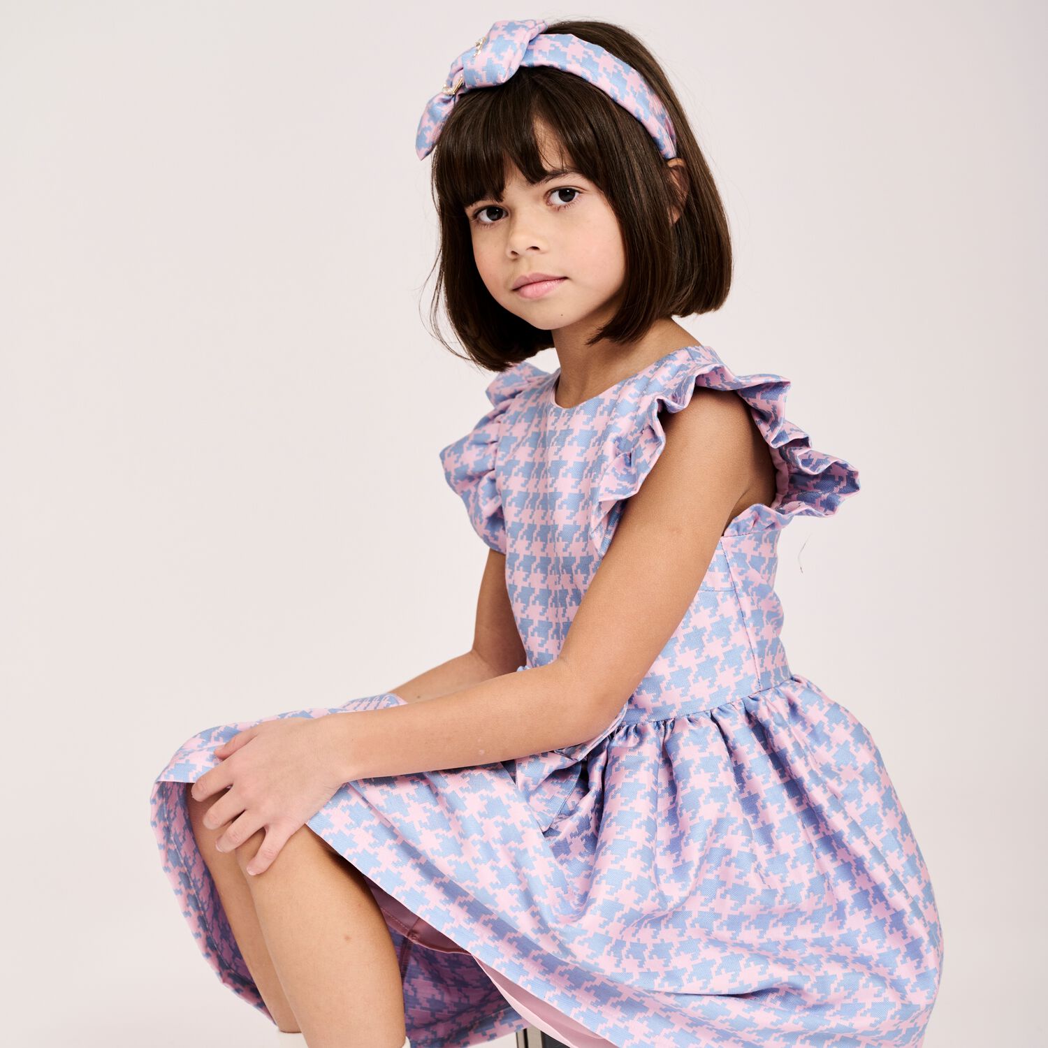 Girls Blue & Pink Houndstooth Dress, 1, hi-res