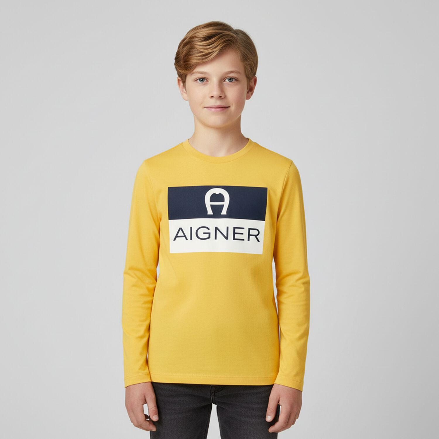 Boys Yellow Logo Long Sleeve Top, 2, hi-res