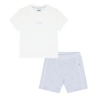 Baby Boys White & Blue Logo Shorts Set, 1, hi-res