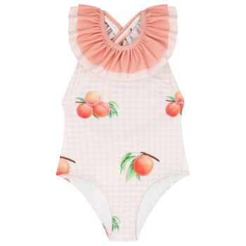 Girls White & Coral Peaches Swimsuit