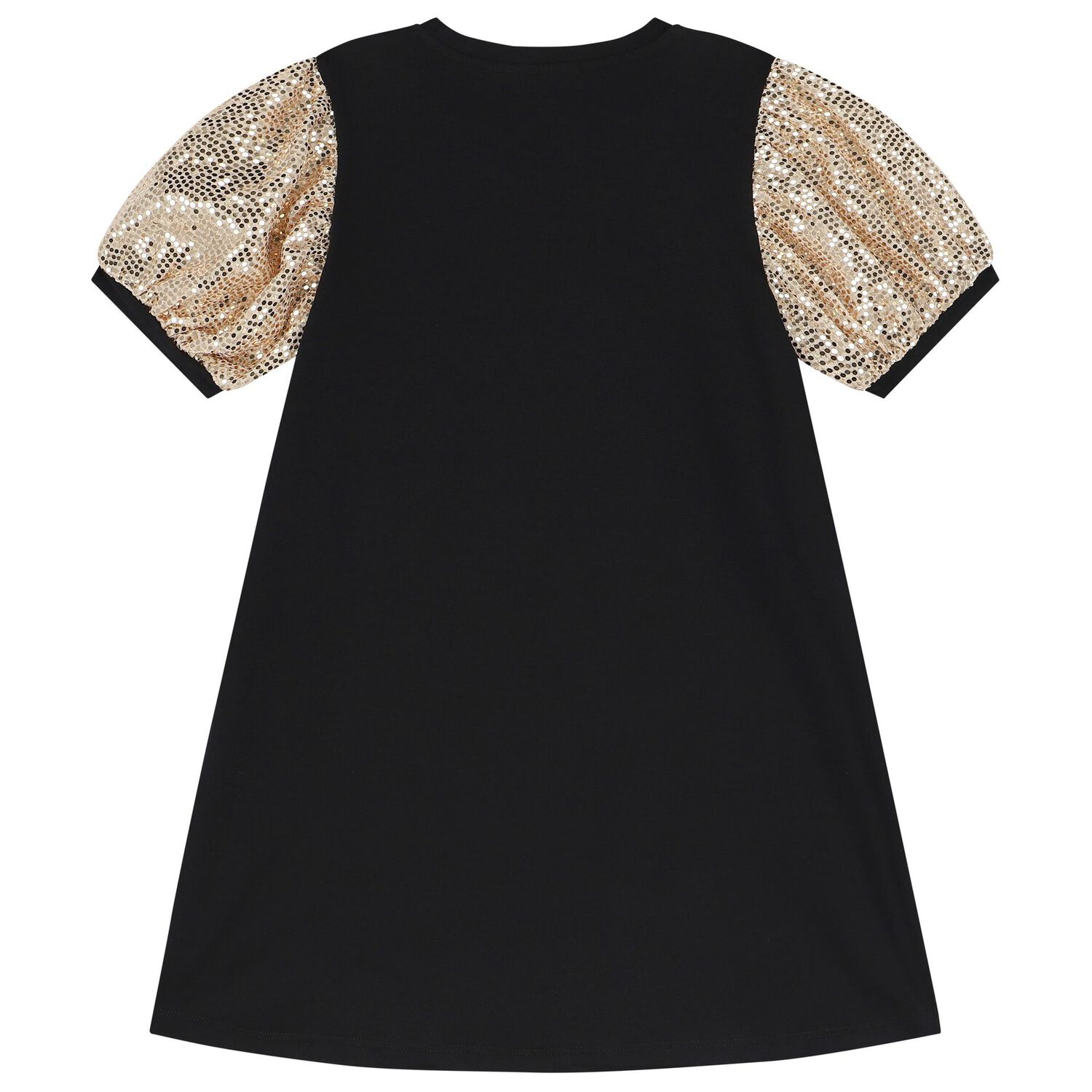Girls Black & Gold Logo Dress, 1, hi-res