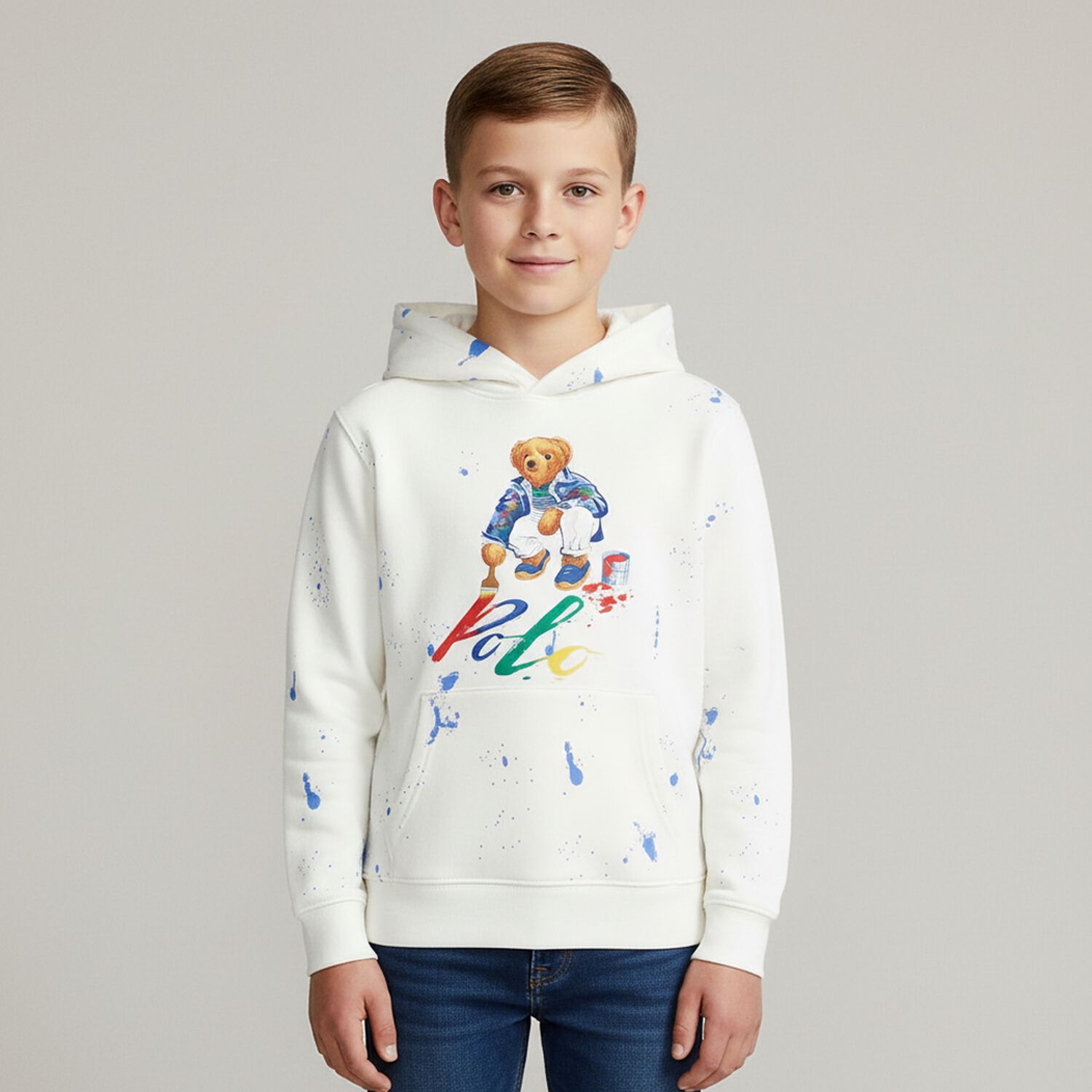 Boys White Logo Hooded Top, 1, hi-res
