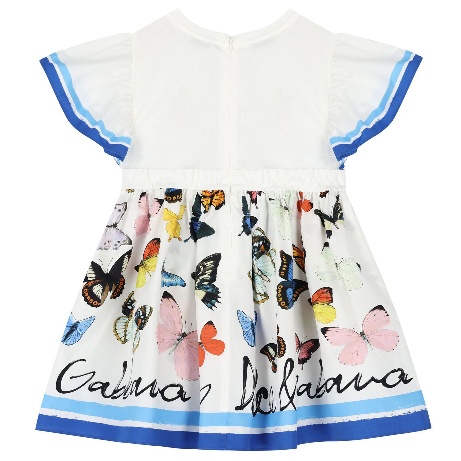 Girls White & Blue Poplin Butterfly Print Dress, 1, hi-res