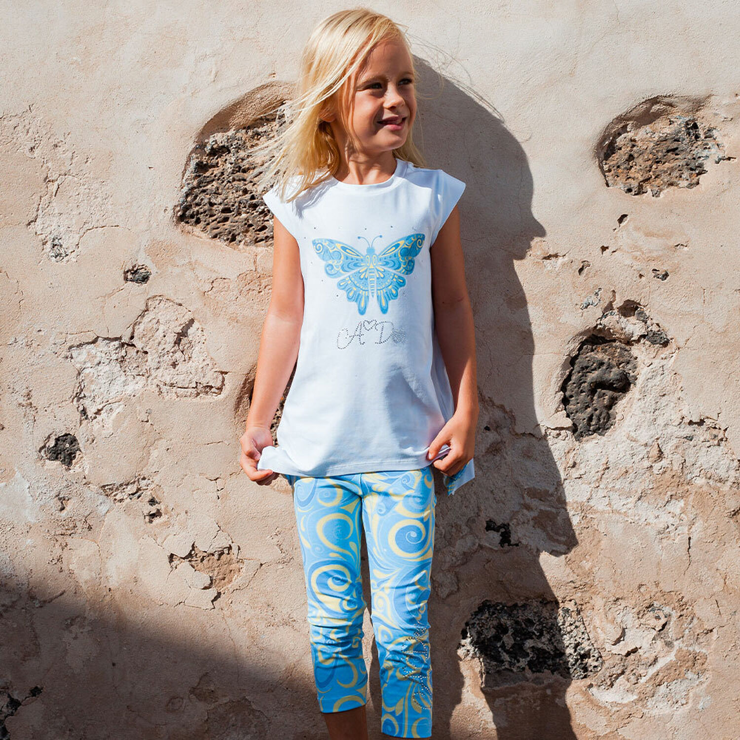 Girls White & Blue Butterfly Leggings Set, 1, hi-res