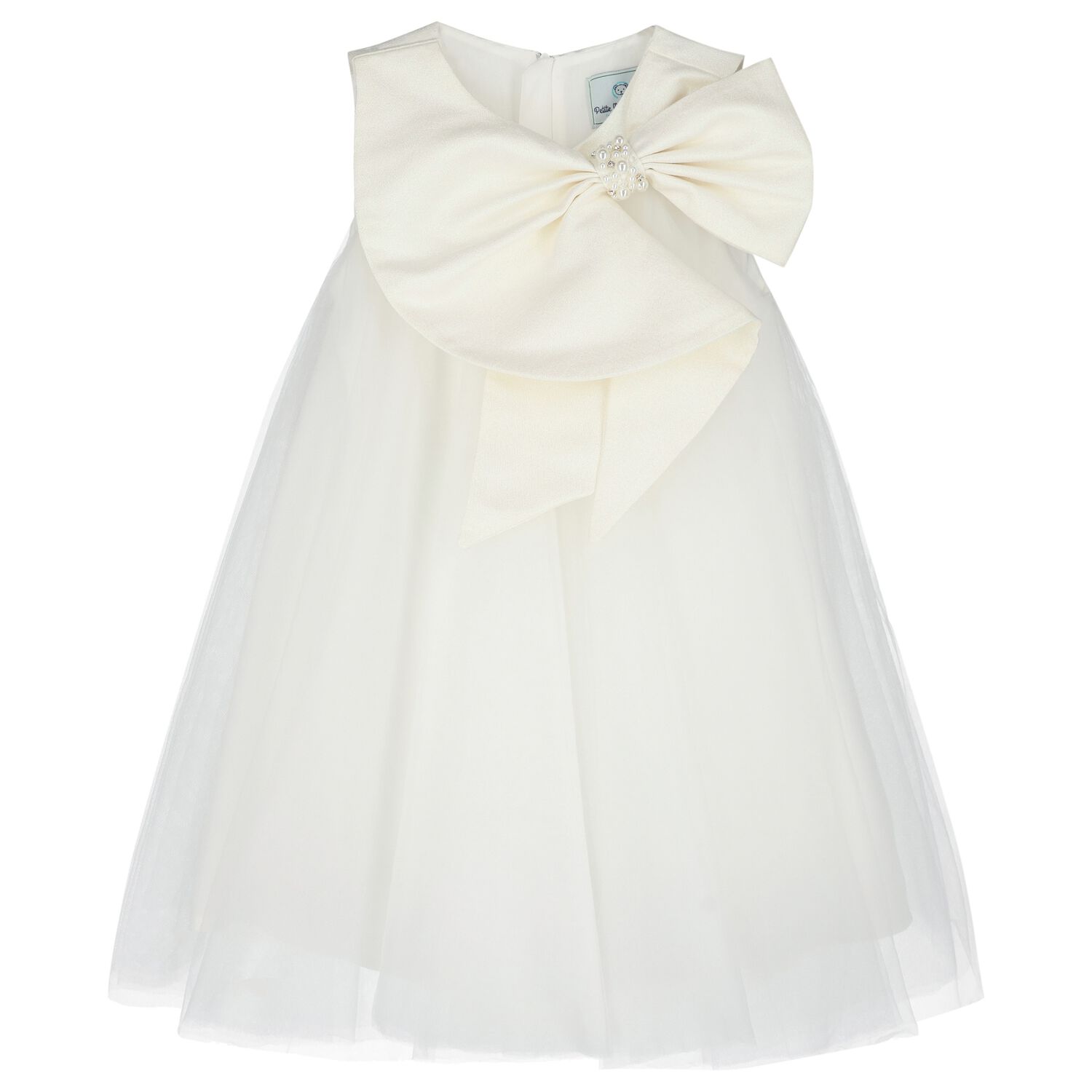 Girls White Glittery Bow Tulle Dress, 1, hi-res
