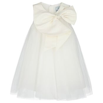 Girls White Glittery Bow Tulle Dress