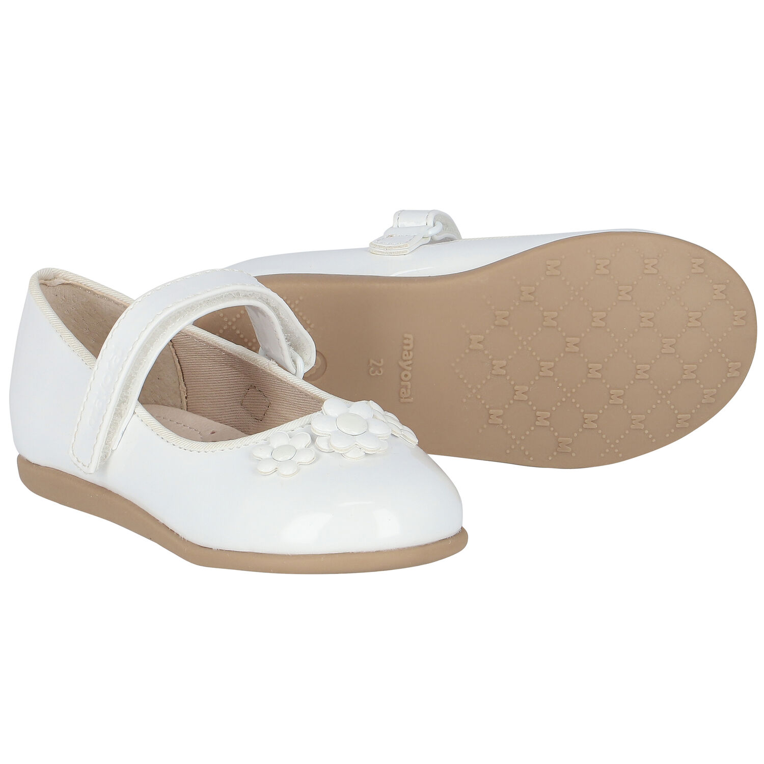 Younger Girls White Patent Flower Ballerina Shoes, 1, hi-res