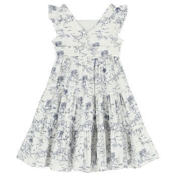 Girls White & Navy Blue Bow Dress