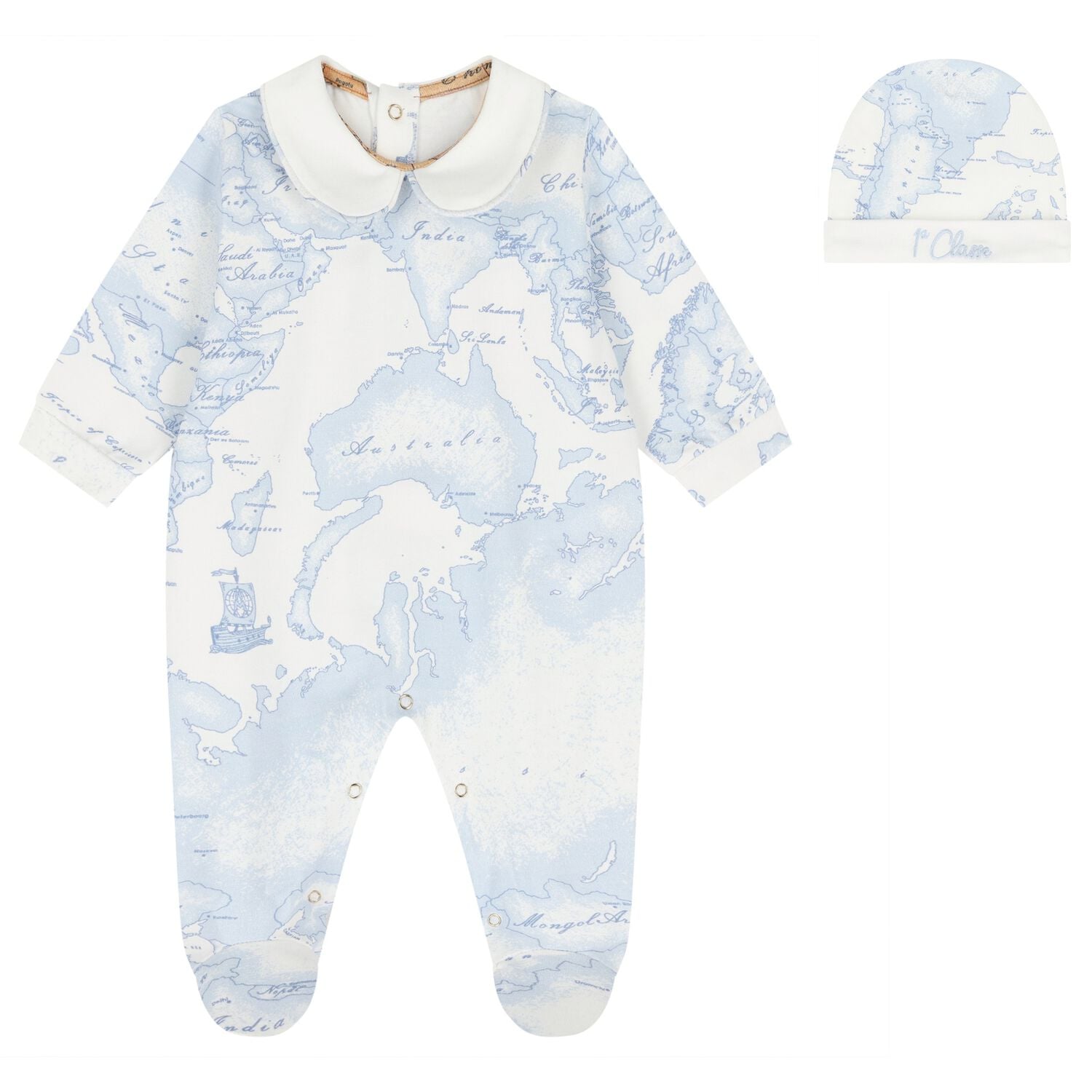Baby Boys Ivory & Blue Geo Map Babygrow Gift Set, 4, hi-res